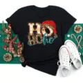 Christmas black short sleeve t-shirt with festive ho ho ho leopard print graphic style. - S / Top (Bulb Leopard Pattern-bt9021) / Black