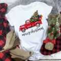White Christmas Tree Red Truck Graphic Short Sleeve T-Shirt Womens Holiday Casual Tee Top - S / Tops / White (BT8534)