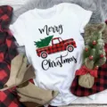Christmas buffalo plaid red truck print casual short sleeve white t-shirt for women - S / Top-Red Plaid Truck (BT8536) / White