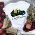 Christmas green plaid truck short sleeve white t-shirt for women holiday casual apparel - S / Top-Green Plaid Truck (BT8537) / White