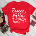 Red short sleeve t-shirt with funny wine Christmas holiday graphic print for women casual wear. - S / Tops / Red (bt9013)
