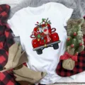 Christmas reindeer red truck graphic short sleeve white t-shirt for women holiday top - S / Top-Christmas Reindeer and Red Truck (BT8538) / White