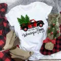 Christmas Red Truck Short Sleeve T-Shirt Women Casual Holiday Graphic Tee Tops New - S / Top-Truck and Tree Slogan (BT8539) / White