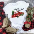 Christmas red truck graphic print short sleeve white t-shirt for women holiday top - S / Top-Christmas Red Pickup Truck (BT8541) / White