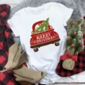 Christmas graphic print short sleeve white t-shirt casual holiday top for women fashion - S / Top-Red Vintage Truck (BT8542) / White