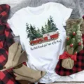 Christmas tree car print white short sleeve t-shirt, festive holiday casual tee top. - S / Top-Christmas Car and Tree (BT8543) / White