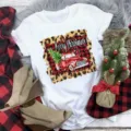 Christmas graphic short sleeve white t-shirt with festive red truck and buffalo plaid print - S / Top - Red Truck Plaid Tree (BT8544) / White