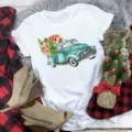 Christmas vintage truck print short sleeve white t-shirt for women holiday casual top. - S / Top - Watercolor Green Truck (BT8545) / White