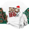 Christmas Leopard Plaid HO HO HO Graphic Short Sleeve White T-Shirt Casual Holiday Tee - S / Tops / White (bt9026)
