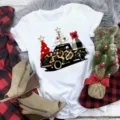 Christmas Leopard Truck Print White Short Sleeve T-Shirt Casual Women Summer Top Variant - S / Top - Leopard Truck Christmas Tree (BT8546) / White