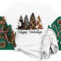 Christmas graphic short sleeve T-shirt with festive tree print for women and men daily wear. - S / Tops / White (bt9027)