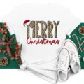 Christmas leopard print short sleeve white t-shirt for women holiday casual apparel - S / Tops / White (bt9028)
