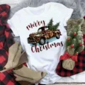 Women Christmas Leopard Truck Print Short Sleeve T-Shirt Casual Holiday Festive White Tee - S / Top (BT8548) / White