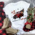 Christmas graphic short sleeve white t-shirt with red truck and festive holiday print. - S / Top (BT8549) / White