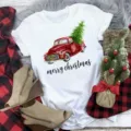 Christmas red truck graphic short sleeve white t-shirt for women casual holiday party wear top - S / Top (Vintage Red Truck-BT8551) / White