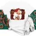 Vintage Santa Claus graphic print short sleeve white t-shirt for Christmas holiday season. - S / Tops / White (bt9032)