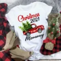 Christmas red truck print short sleeve white t-shirt women holiday family matching top - S / Top (Red Truck 2021 Mommy-BT8552) / White