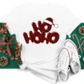 Christmas buffalo plaid HO HO HO graphic short sleeve white T-shirt casual holiday top - S / Tops / White (bt9034)