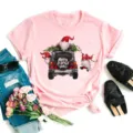 Casual pink short sleeve t-shirt featuring a cute Christmas gnome and truck graphic design. - S / Tops / Pink - Christmas Gnomes and Truck (BT8530-f)