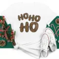 Christmas leopard print short sleeve white t-shirt, festive holiday casual women tee. - S / Tops / White (bt9037)