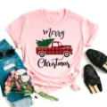 Pink Christmas plaid truck short sleeve t-shirt casual holiday graphic tee for women - S / Tops / Pink - Red Black Plaid Truck and Tree (BT8536-f)