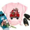 Pink Christmas short sleeve t-shirt with cute reindeer truck graphic for women casual wear. - S / Top-Christmas Truck and Reindeer (BT8538) / Pink