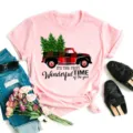 Pink short-sleeve t-shirt with christmas truck graphic, casual holiday tee for women. - S / Top-Vintage Red Truck Slogan (BT8539) / Pink