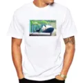 Men white short sleeve t-shirt casual streetwear with cute panda and crow graphic print. - XS / Tops / White Panda Watching Bird (M7)