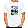 Men white short sleeve T-shirt with cute panda print casual loose summer top for daily wear - XS / Tops / White Panda Eating Bamboo (M22)