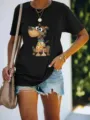 Women casual short sleeve t-shirt featuring cute patchwork dog graphic print for daily wear. - S / Tops / Black