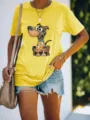 Women's yellow short sleeve t-shirt featuring cute cartoon dog graphic print casual top. - Yellow