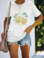 Damen lässiges Kurzarm T-Shirt mit Sommer Strand Bier Grafikdruck, bequeme Passform. - S / Oberteile / Weiß
