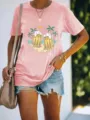 Lässiges rosa Damen Kurzarmshirt mit Strand und Bier Grafikdruck für den Sommer. - S / Oberteile / Rosa