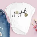 T-shirt blanc à manches courtes avec motif joyful de Noël et nœud ourlet décontracté. - 3XL / Hauts / Imprimé Joyful Flocon Doré