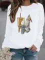 Casual white long sleeve sweatshirt featuring a creative rabbit art print detail for women. - S / Tops / White