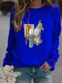 Blue long sleeve crewneck sweatshirt featuring a cute artistic rabbit print, casual and stylish. - Blue