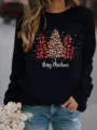 Detalle sudadera felpa cuello redondo estampado árbol navideño, top invierno manga larga. - Negro