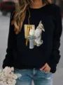 Black crewneck fleece sweatshirt featuring a cute artistic rabbit print, casual long sleeve. - Black