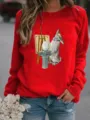 Cute rabbit print fleece sweatshirt, casual long sleeve pullover top for daily wear. - S / Tops / Red
