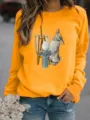 Orange fleece crewneck sweatshirt with cute artistic rabbit graphic print casual top. - S / Tops / Yellow
