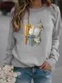 Casual gray crewneck sweatshirt with cute rabbit artist graphic print for women daily wear. - S / Tops / Gray