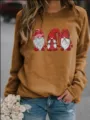 Women Christmas Gnome Print Fleece Lined Sweatshirt Casual Long Sleeve Crewneck Pullover Top - Khaki