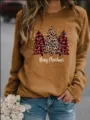 Mujer sudadera manga larga estampado arbol navidad cuello redondo polar casual moda - Caqui