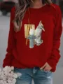 Red long sleeve fleece sweatshirt for women featuring a cute artistic rabbit graphic print. - Burgundy