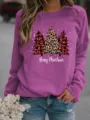 Árbol de Navidad estampado de leopardo cuadros manga larga sudadera casual detalle. - Violeta Claro