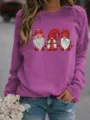 Cute Women Christmas Gnome Print Long Sleeve Fleece Sweatshirt Casual Pullover Top - Light Purple