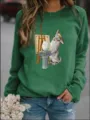 Green graphic print crewneck sweatshirt, casual long sleeve pullover top for women. - Green
