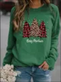 Sudadera verde de mujer con estampado navideño de árboles, jersey casual de manga larga. - Verde