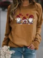 Christmas gnome print brown fleece sweatshirt, casual crewneck long sleeve pullover detail. - Khaki