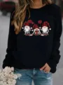 Casual black long sleeve sweatshirt featuring festive gnome graphic print and fleece lining. - Black